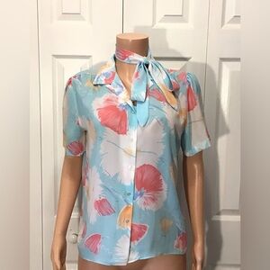 Laura Mae Womens Vintage Floral Short Sleeve Tie Neck Blouse Size 14